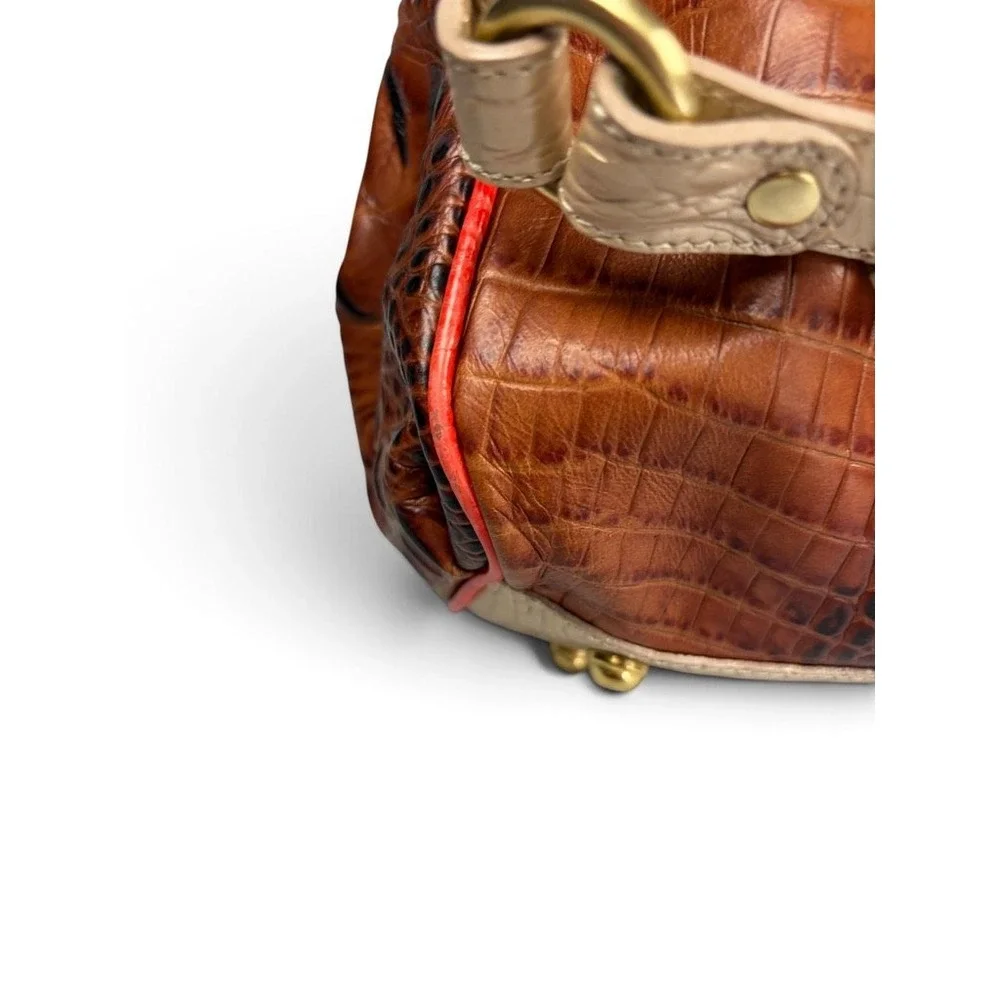 Brahmin Pecan Melbourne Croc Embossed Leather Satchel Gold Trim Brown Red Bag